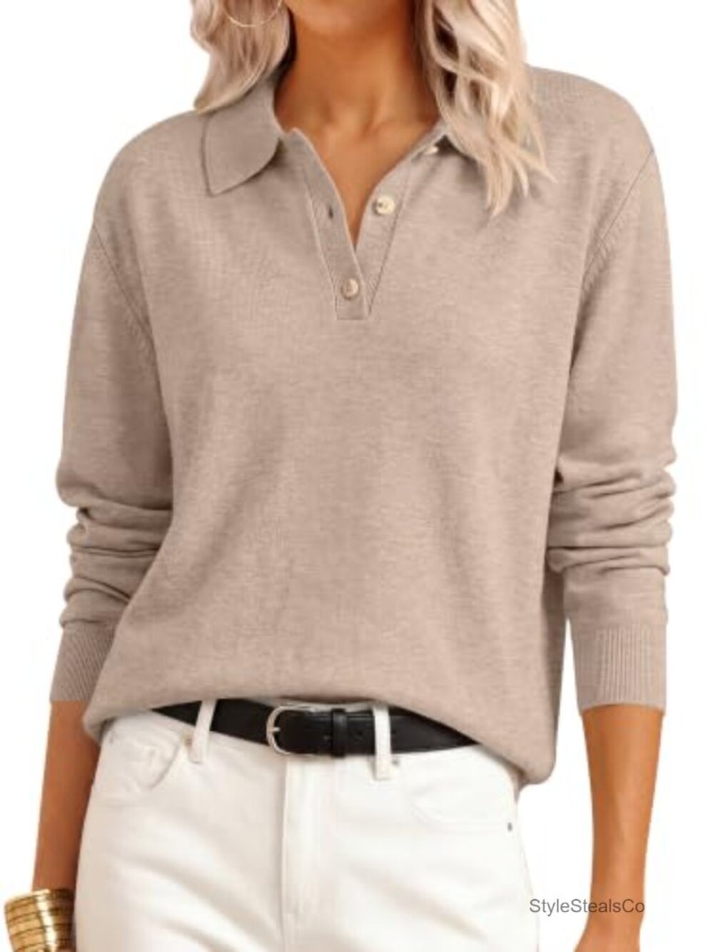 Polo Collared Knit Long Sleeve Pullover Sweater